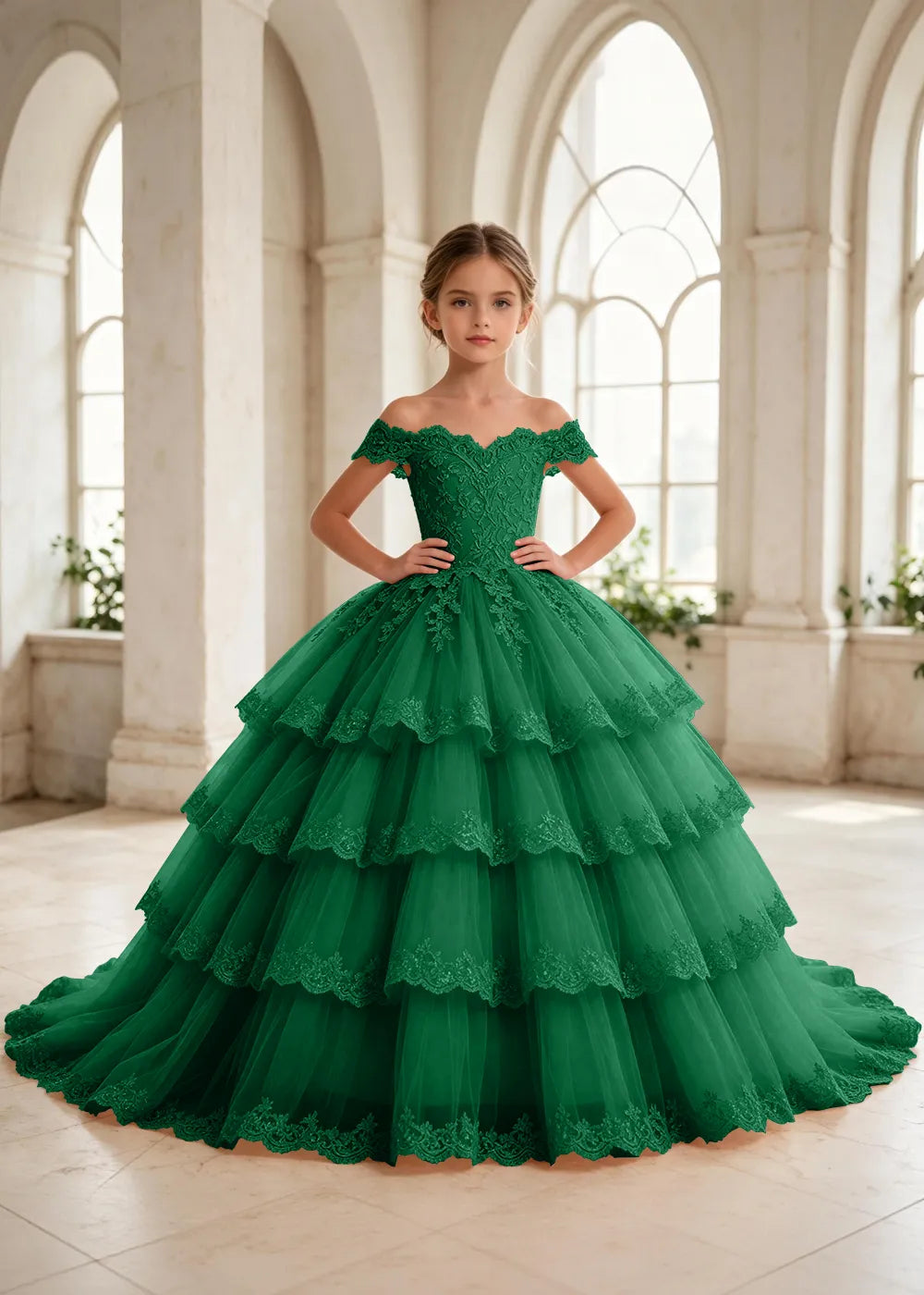 オフショルダーのレースプリンセスドレス