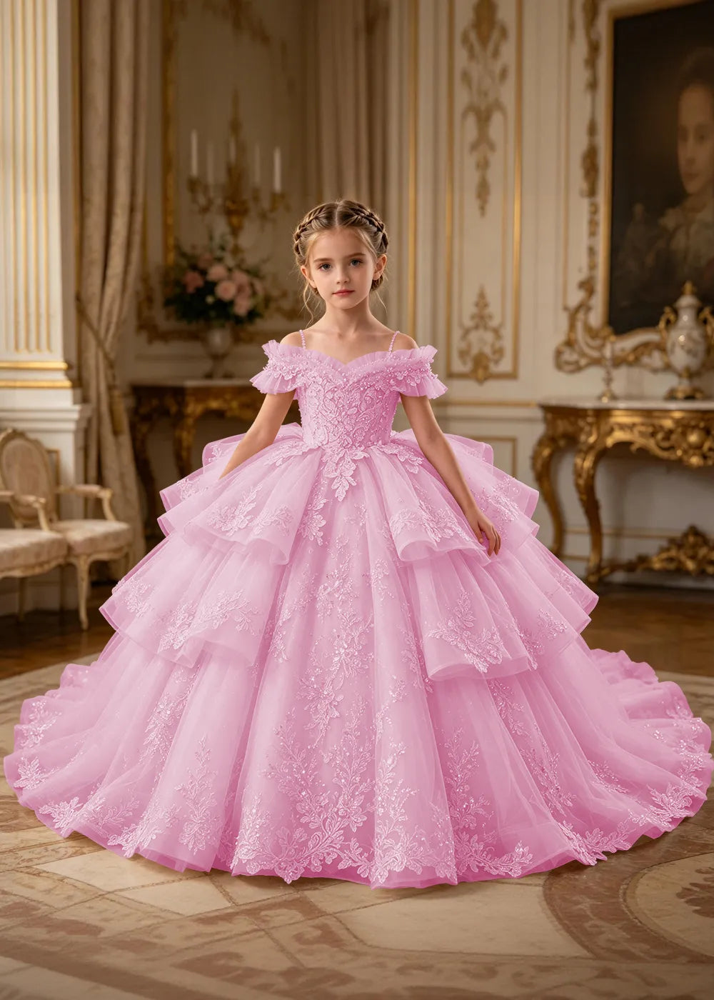 Luxury Princess Tulle Dress with Embroidered Lace and Long Train