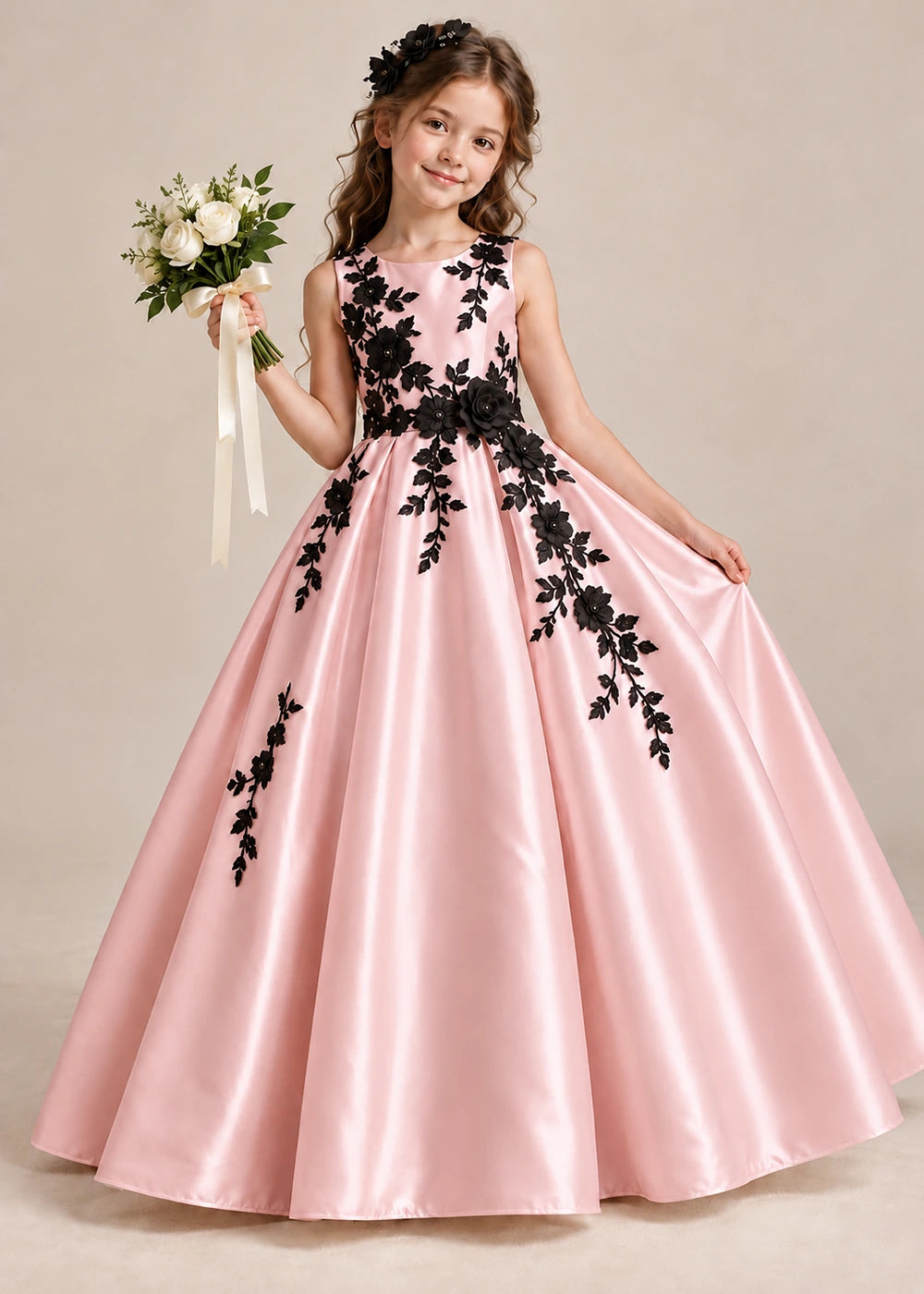 Front view of a blush pink sleeveless flower girl dress with floral applique and a full satin ball gown skirt.
