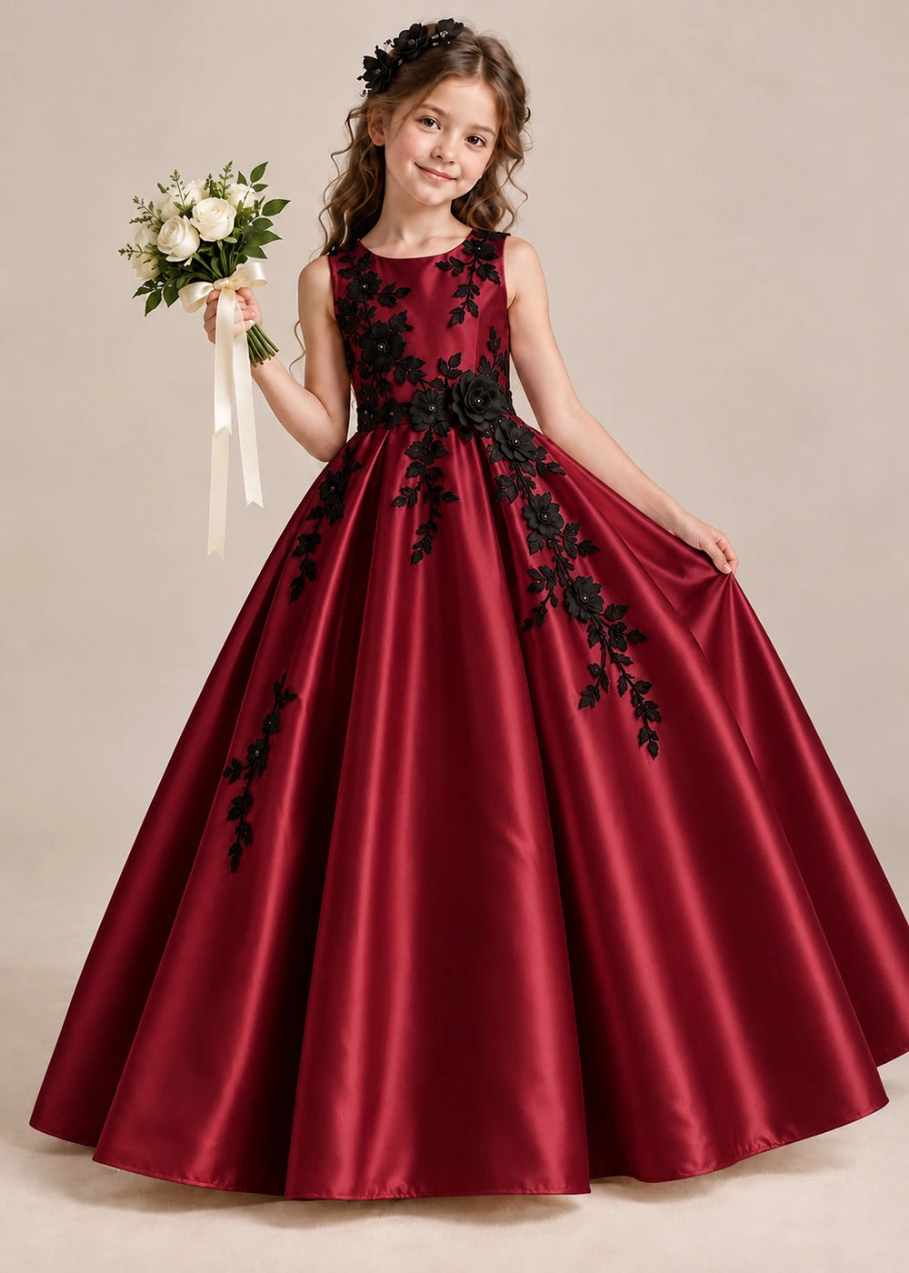 Front view of a burgundy sleeveless flower girl dress with floral applique and a full satin ball gown skirt.