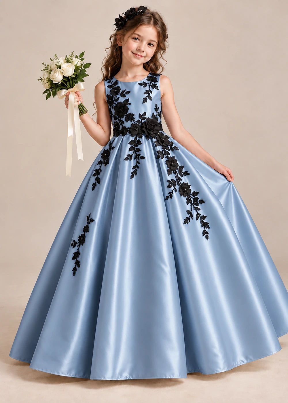 Front view of a dusty blue sleeveless flower girl dress with floral applique and a full satin ball gown skirt.