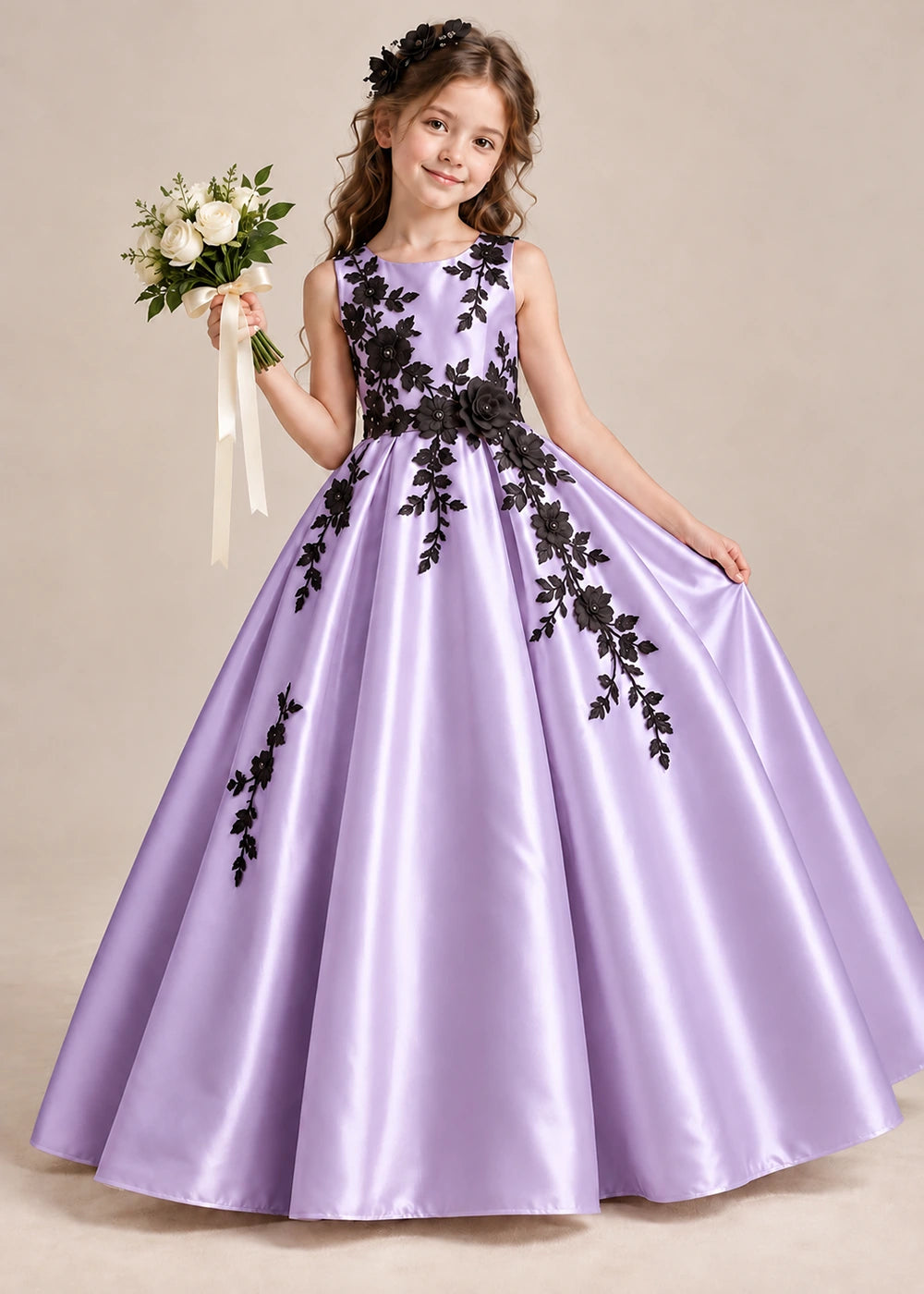 Front view of a lavender sleeveless flower girl dress with floral applique and a full satin ball gown skirt.