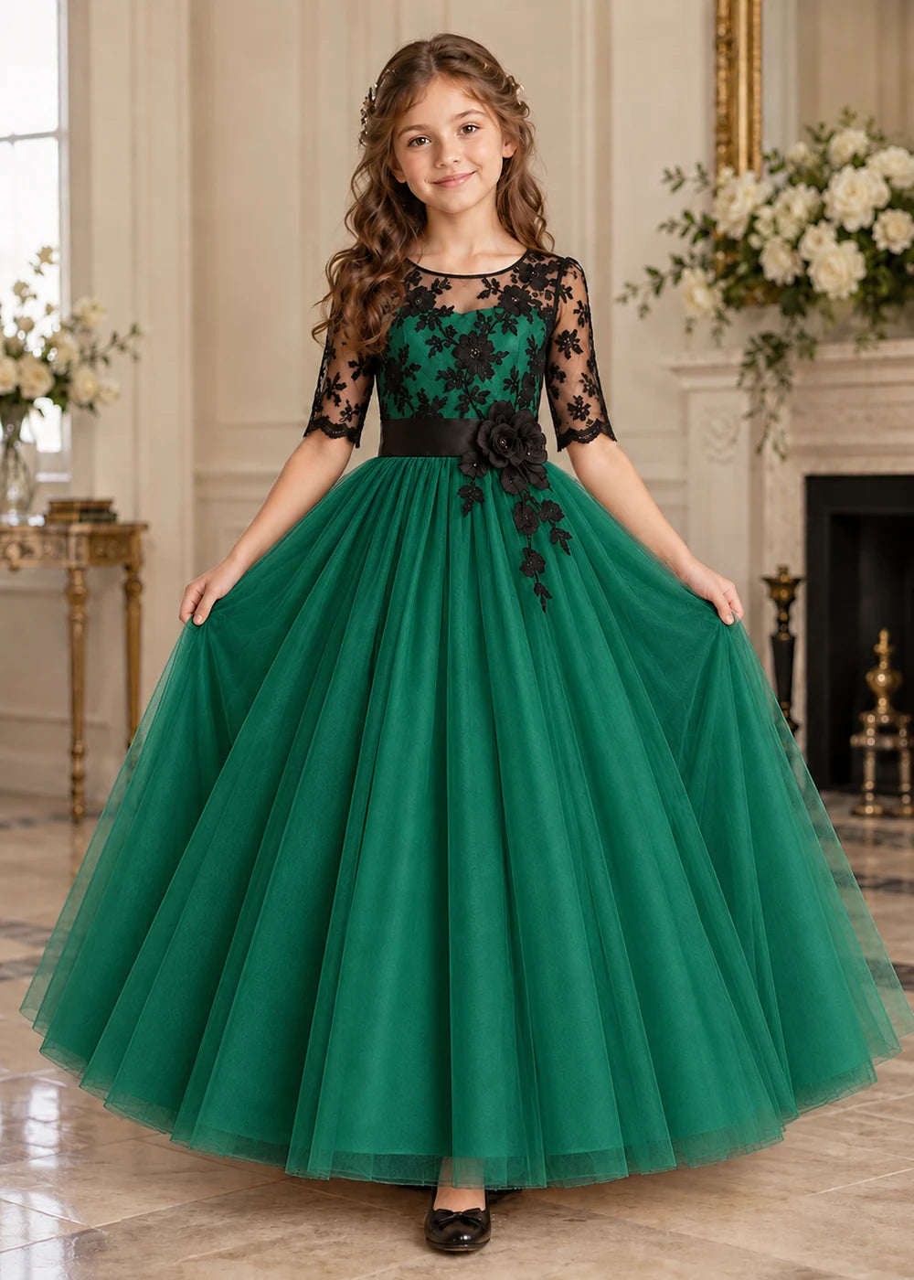 Front view of a emerald green and Black Flower Girl Dress with Lace Bodice.