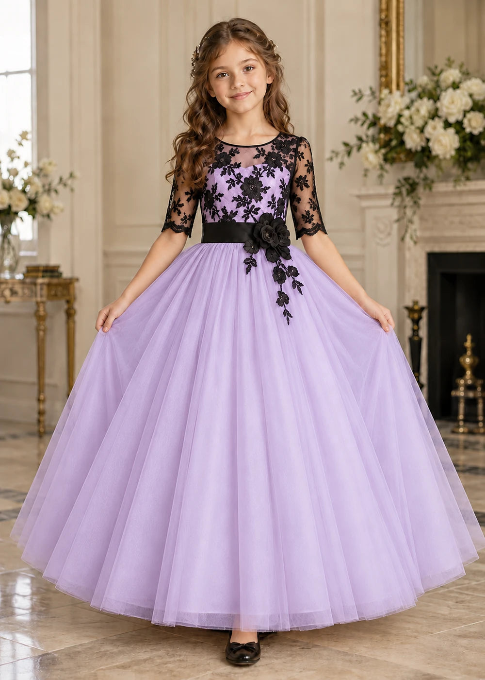 Front view of a lavender and Black Flower Girl Dress with Lace Bodice.