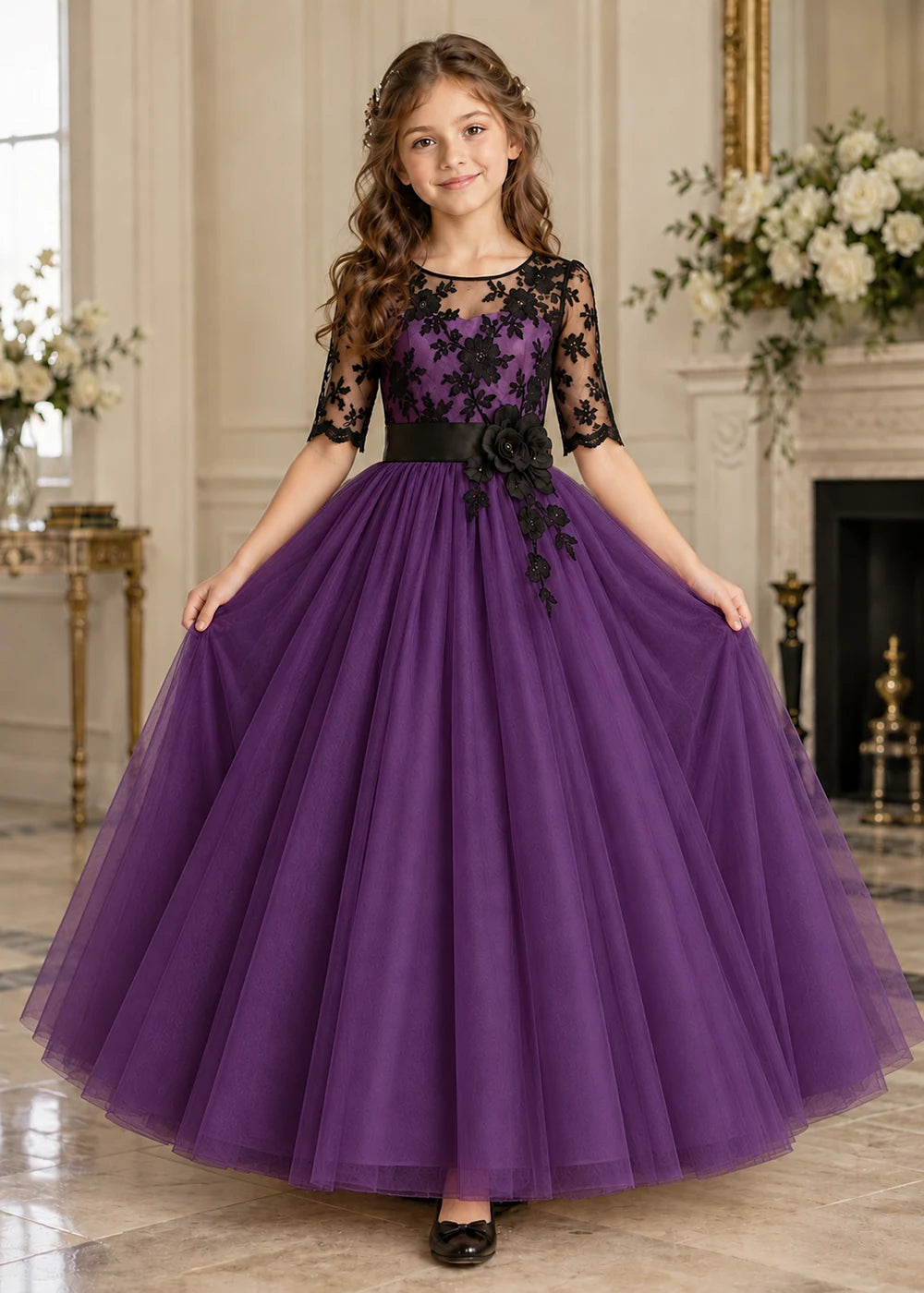Front view of a royal purple and Black Flower Girl Dress with Lace Bodice.