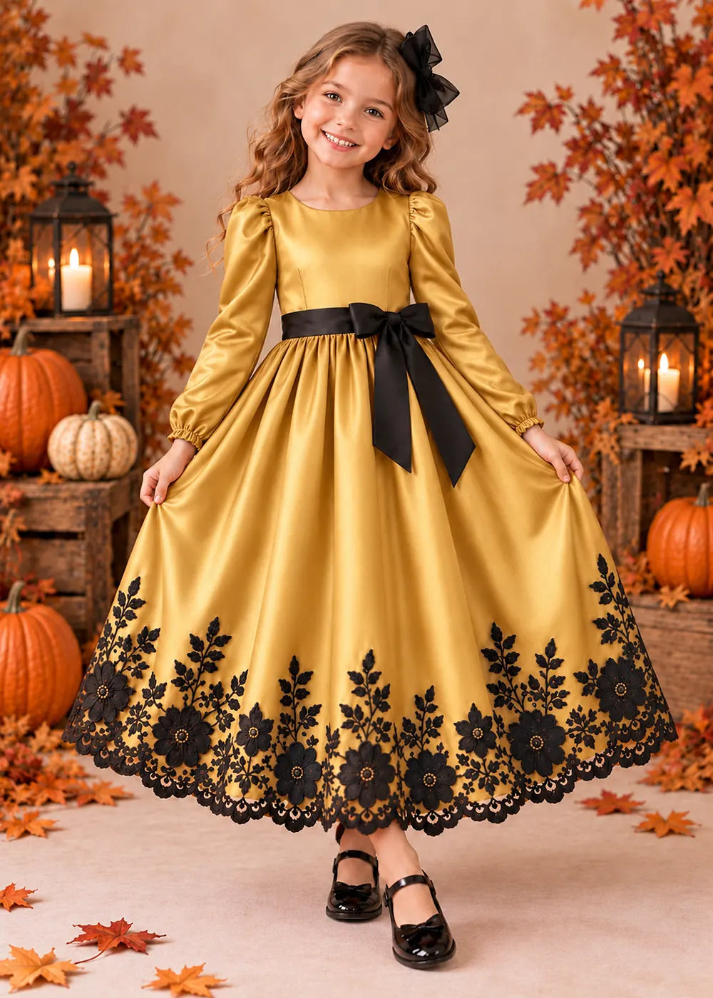 Front view of a gold long-Sleeve Flower Girl Dress with Black Floral Hem.