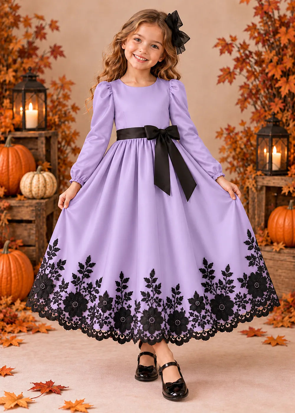 Front view of a lavender long-Sleeve Flower Girl Dress with Black Floral Hem.