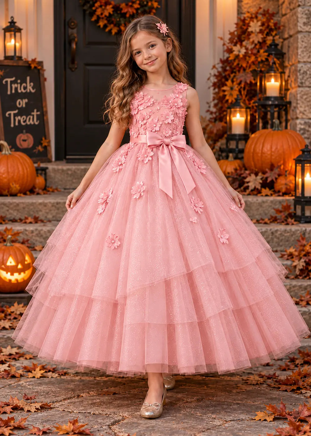 Front view of a blush pink flower Girl Dress with Floral Bodice and Tiered Skirt.