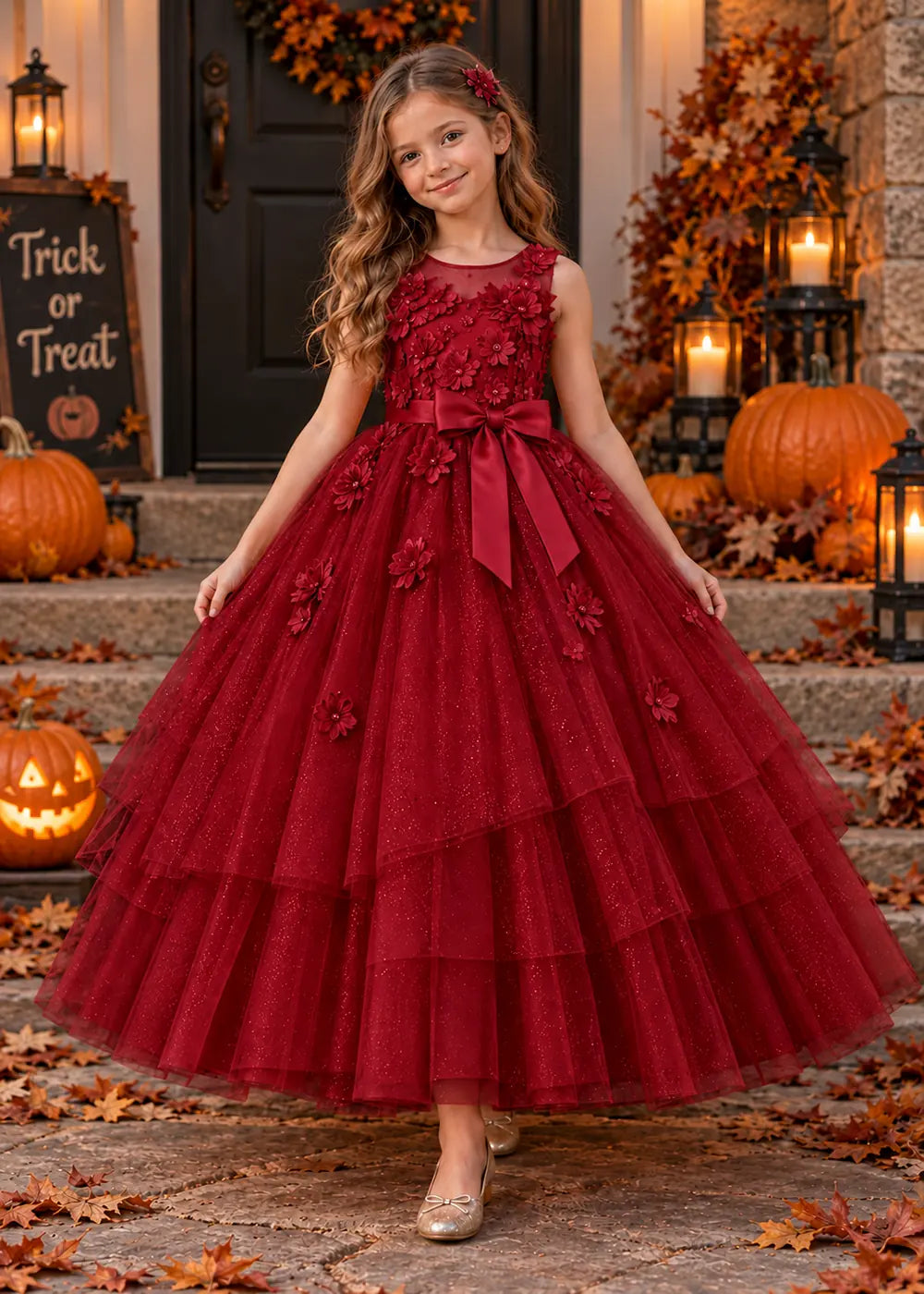 Front view of a burgundy flower Girl Dress with Floral Bodice and Tiered Skirt.