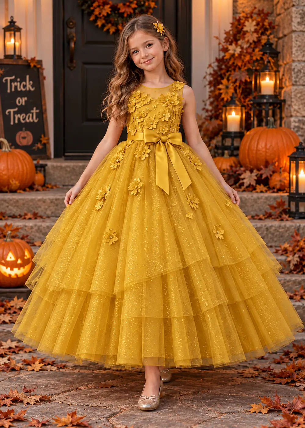 Front view of a gold flower Girl Dress with Floral Bodice and Tiered Skirt.