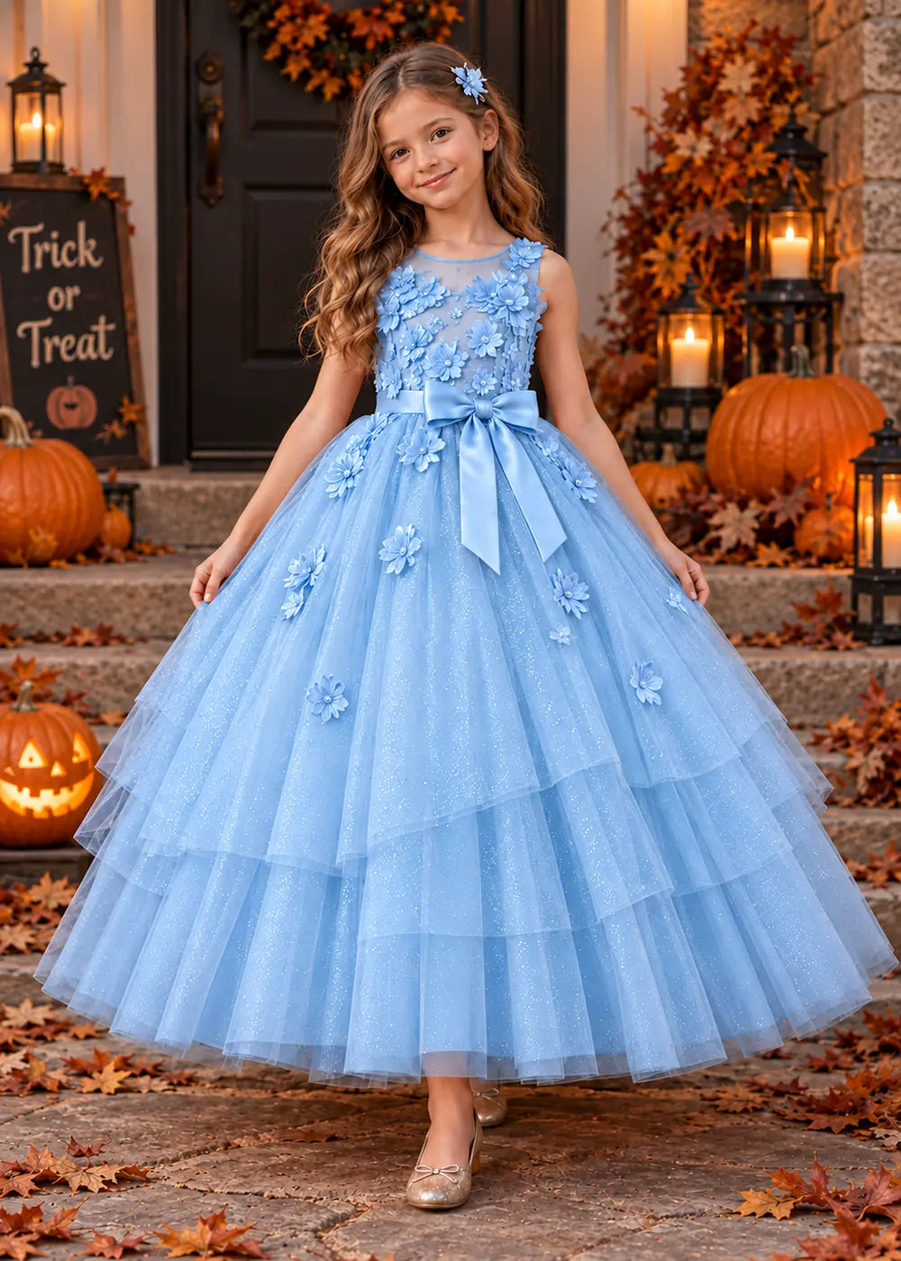 Front view of a light blue flower Girl Dress with Floral Bodice and Tiered Skirt.