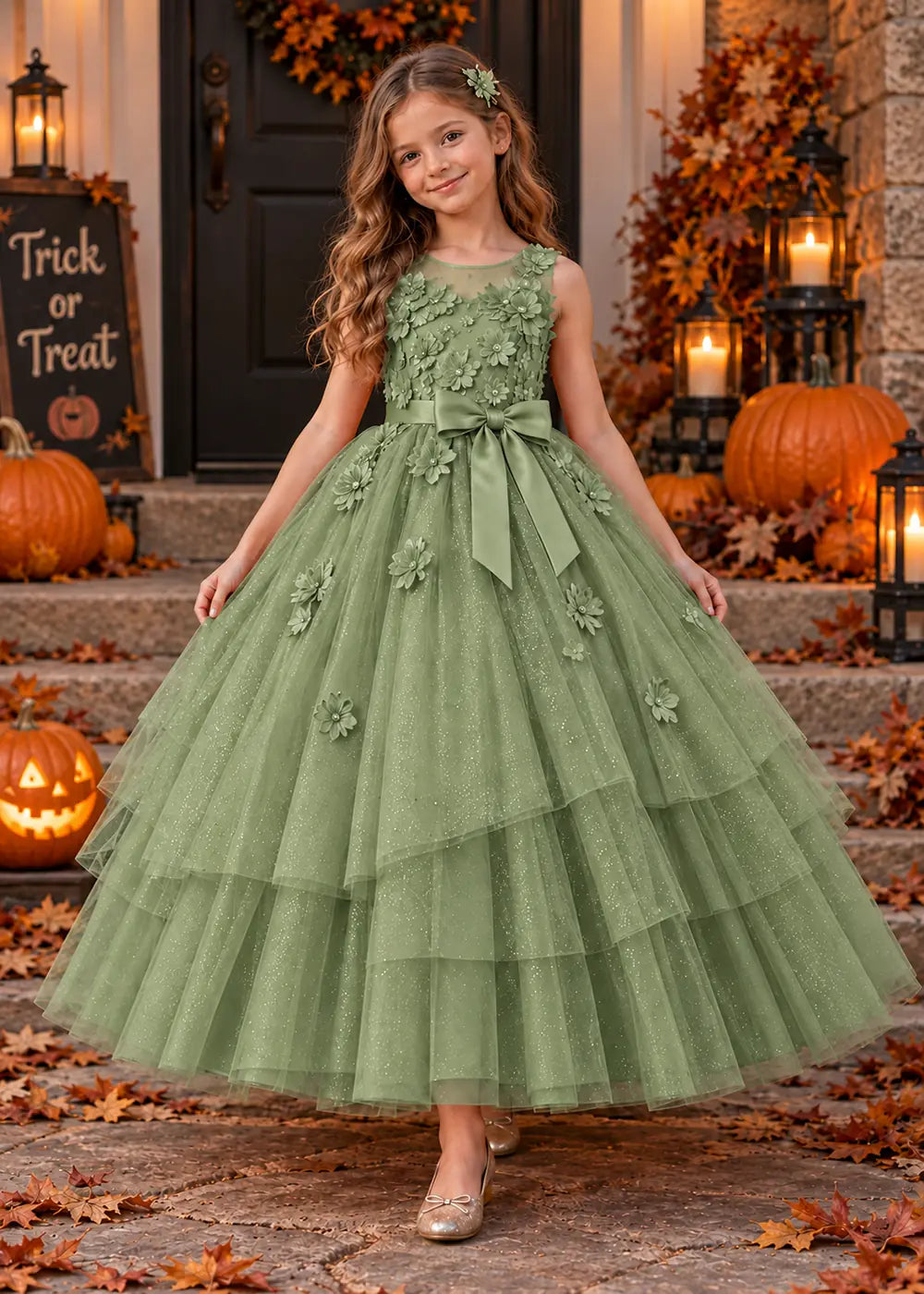 Front view of a sage green flower Girl Dress with Floral Bodice and Tiered Skirt.