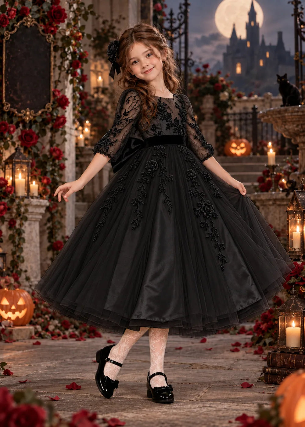 Front view of a black floral Flower Girl Dress with Sheer Sleeves.