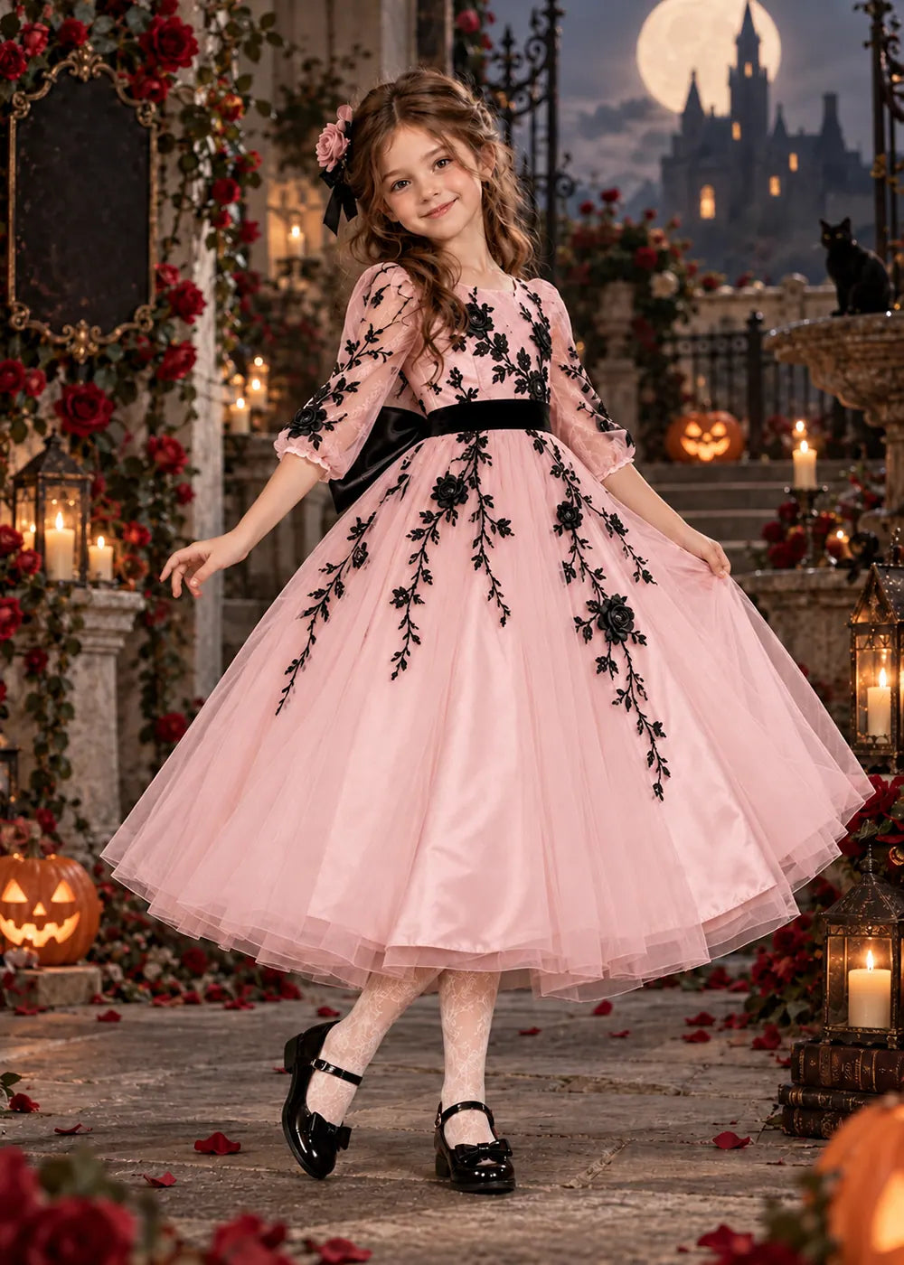 Front view of a blush pink floral Flower Girl Dress with Sheer Sleeves.