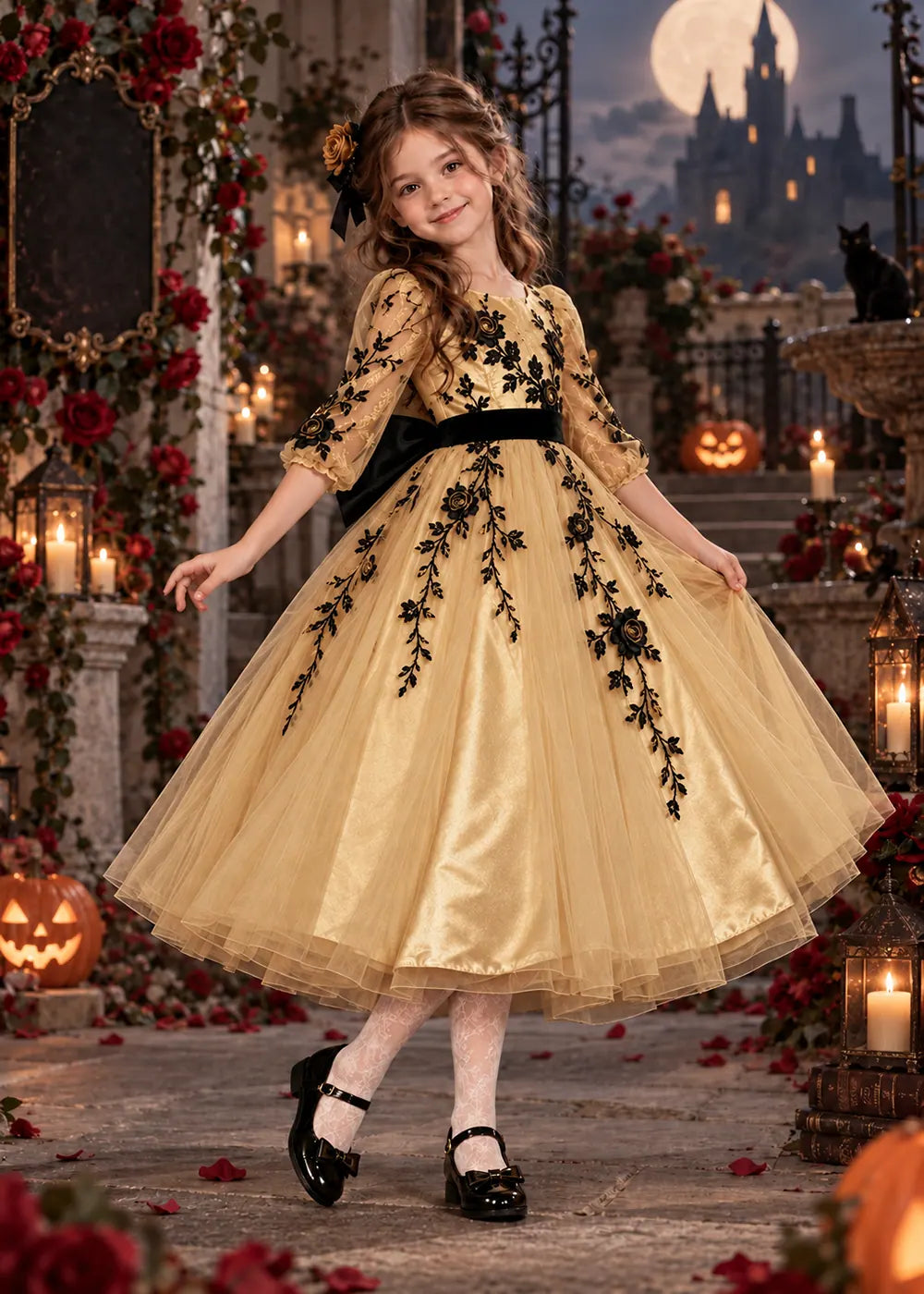 Front view of a gold floral Flower Girl Dress with Sheer Sleeves.