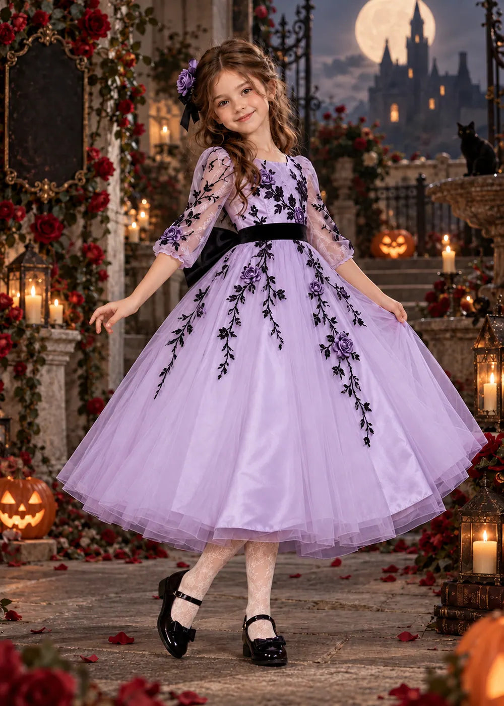 Front view of a lavender floral Flower Girl Dress with Sheer Sleeves.