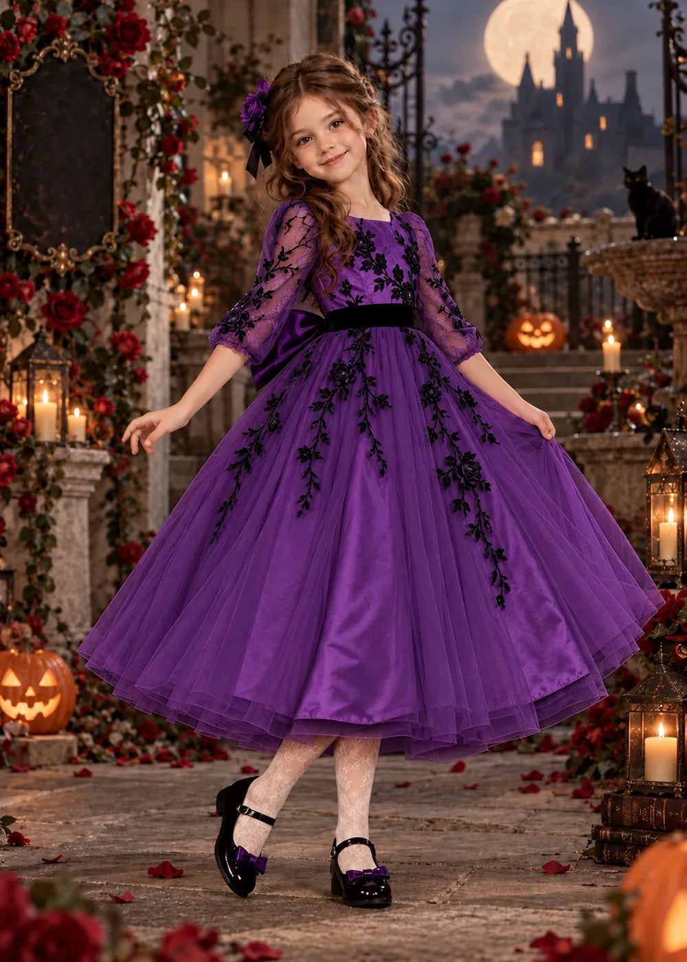 Front view of a purple floral Flower Girl Dress with Sheer Sleeves.