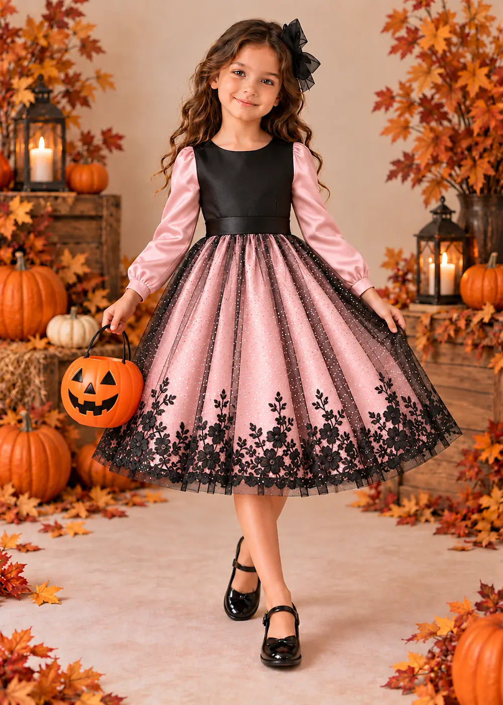 Front view of a blush pink puff-Sleeve Flower Girl Dress with Floral Hem.