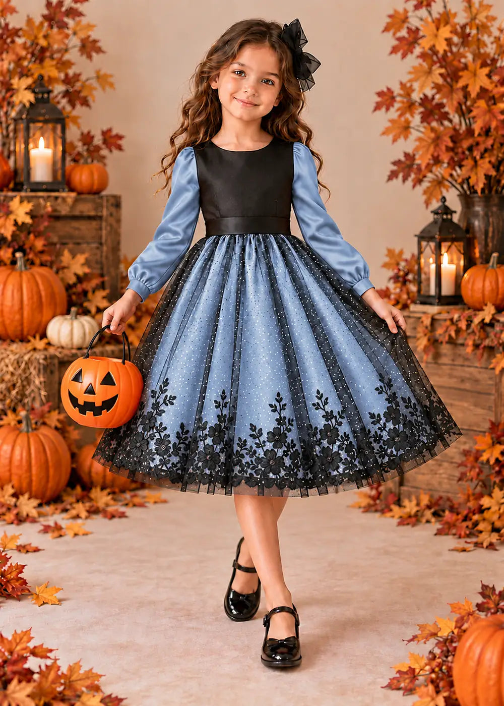 Front view of a dusty blue puff-Sleeve Flower Girl Dress with Floral Hem.