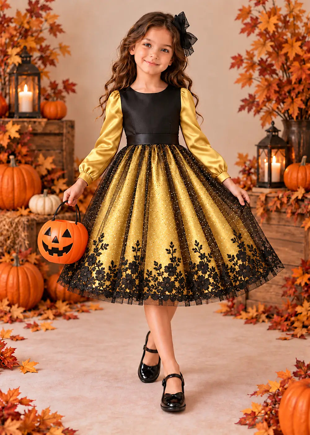 Front view of a gold puff-Sleeve Flower Girl Dress with Floral Hem.