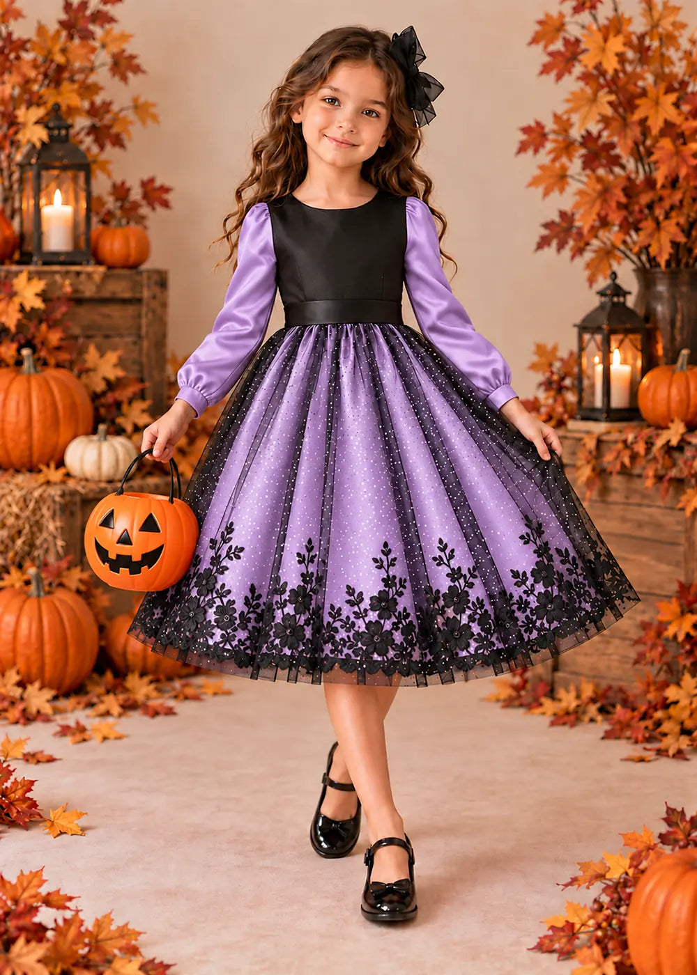 Front view of a lavender puff-Sleeve Flower Girl Dress with Floral Hem.