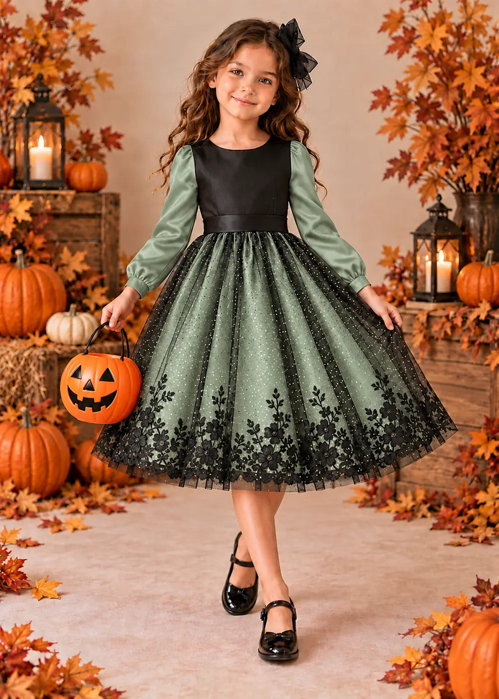Front view of a sage green puff-Sleeve Flower Girl Dress with Floral Hem.