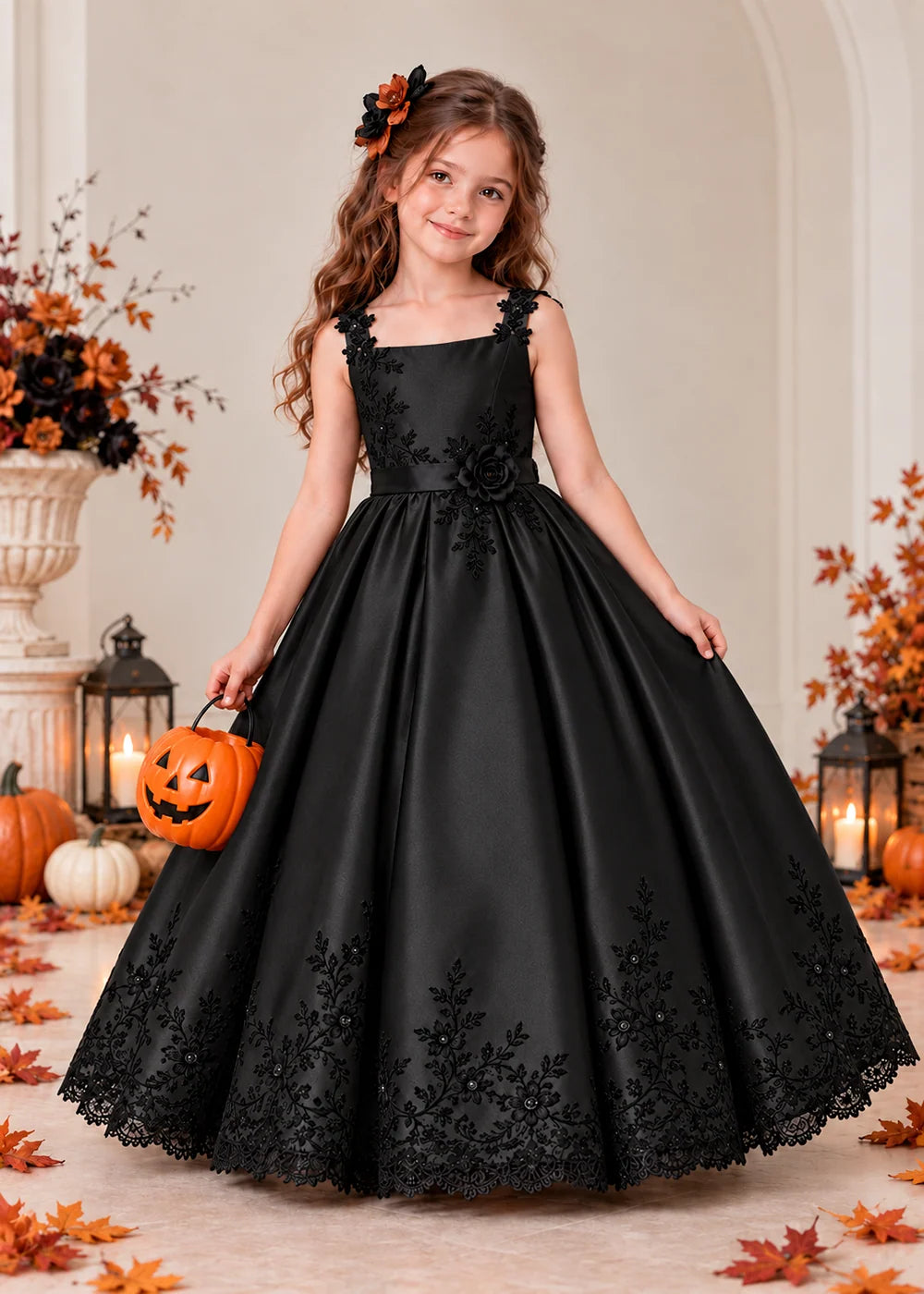 Front view of a black flower Girl Dress with Black Floral Straps and Hem.