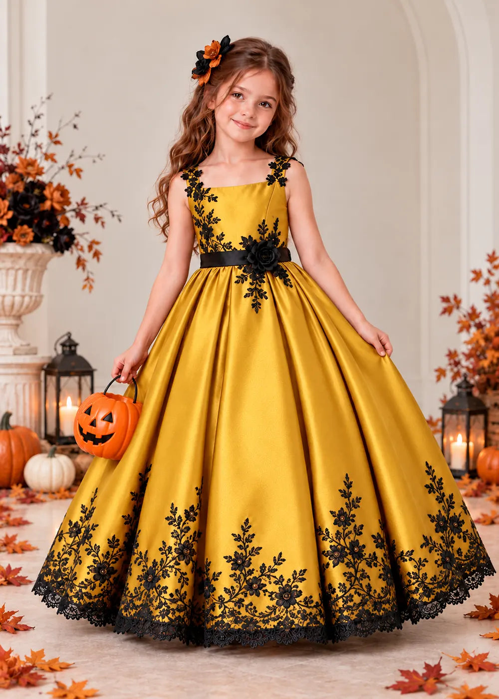 Front view of a gold flower Girl Dress with Black Floral Straps and Hem.