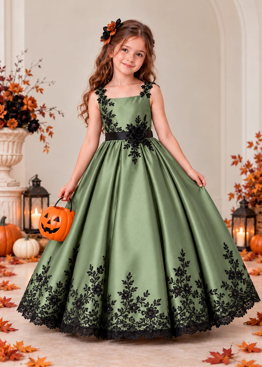 Front view of a sage green flower Girl Dress with Black Floral Straps and Hem.
