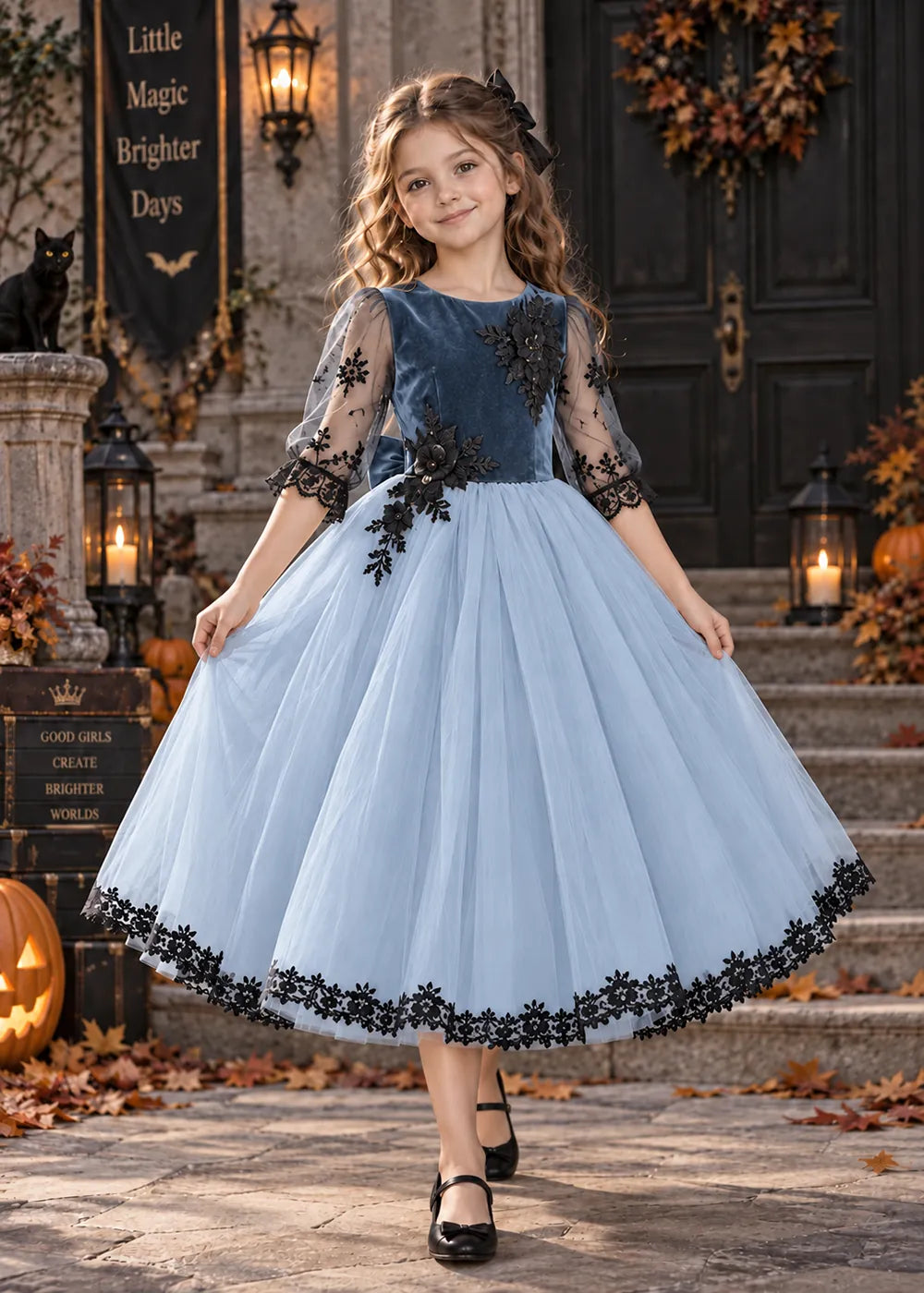 Front view of a dusty blue flower Girl Dress with Floral Lace Hem.