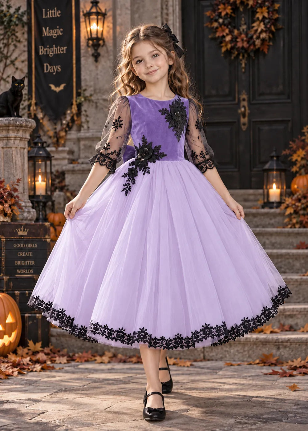 Front view of a lavender flower Girl Dress with Floral Lace Hem.