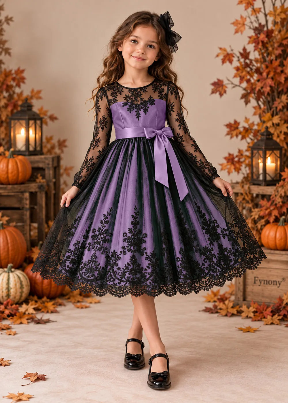 Front view of a lavender flower Girl Dress with Black Lace and Long Sleeves.