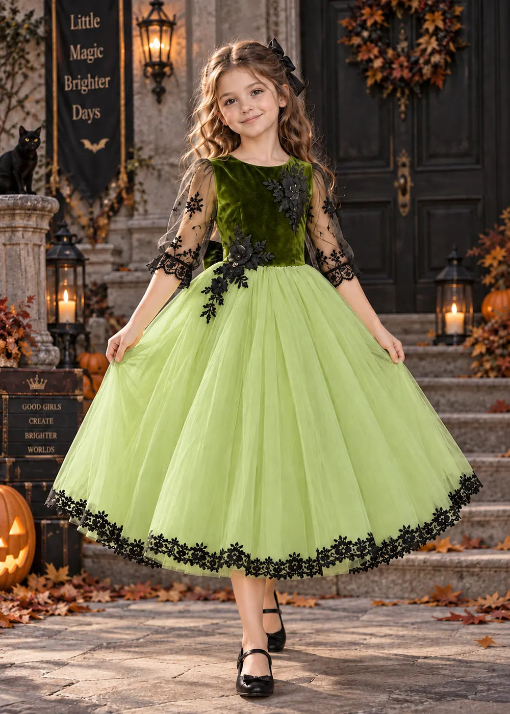 Front view of a light green flower Girl Dress with Floral Lace Hem.