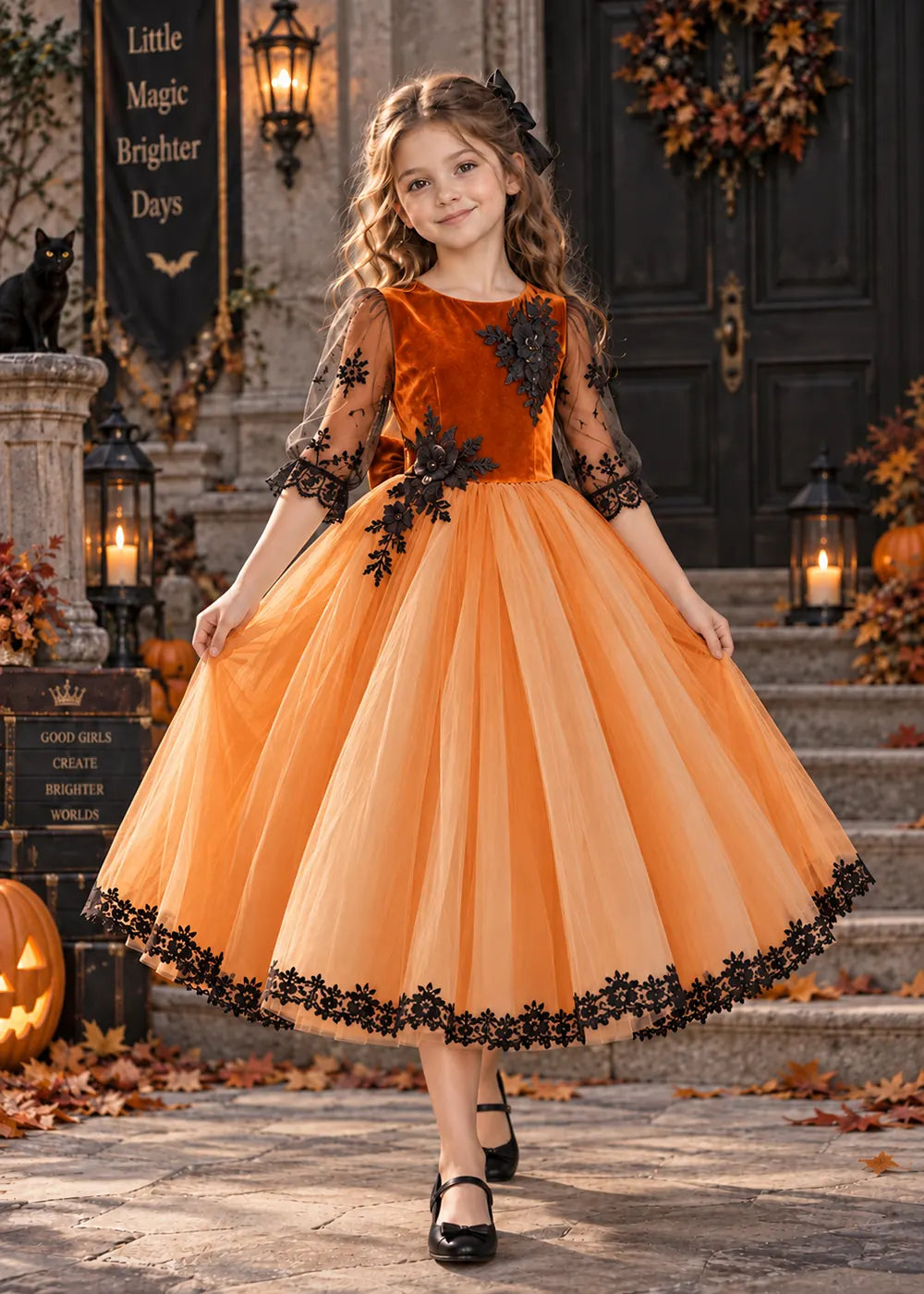 Front view of a pumpkin orange flower Girl Dress with Floral Lace Hem.