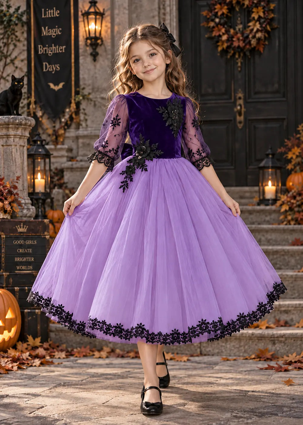 Front view of a royal purple flower Girl Dress with Floral Lace Hem.