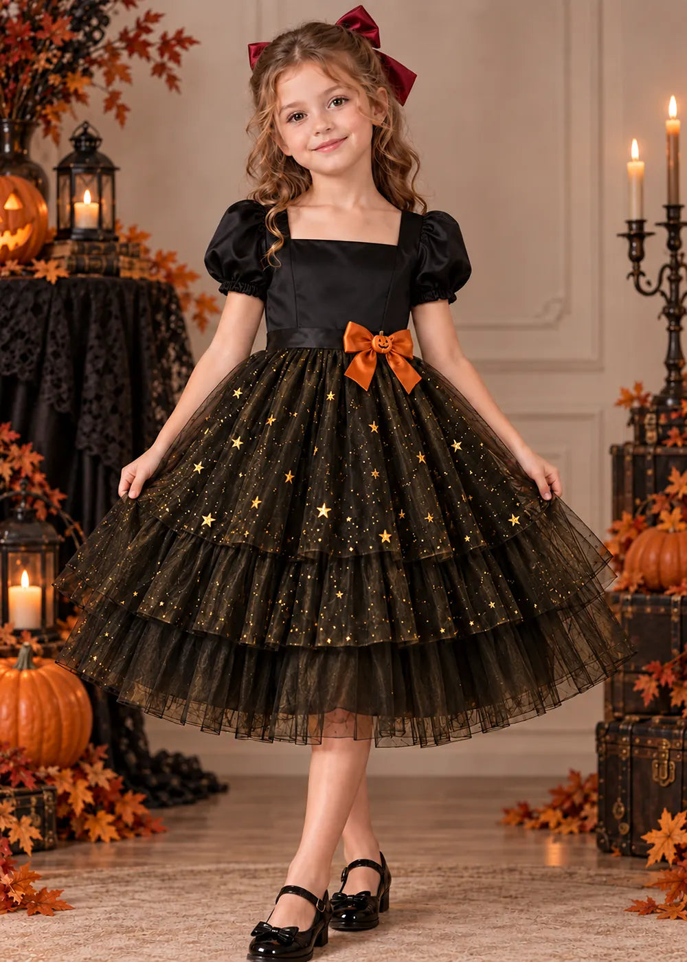 Front view of a black starry Flower Girl Dress.