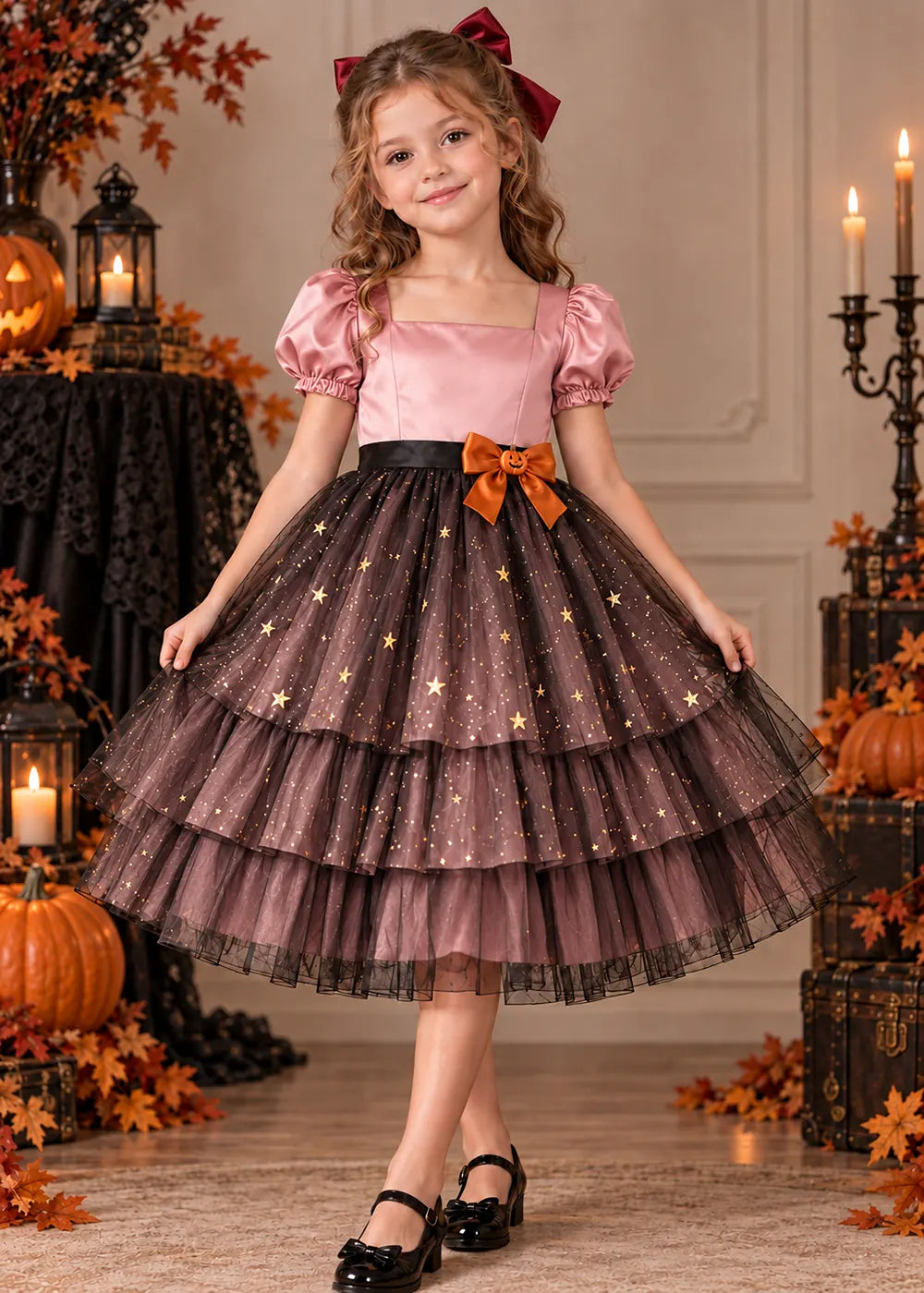 Front view of a blush pink starry Flower Girl Dress.