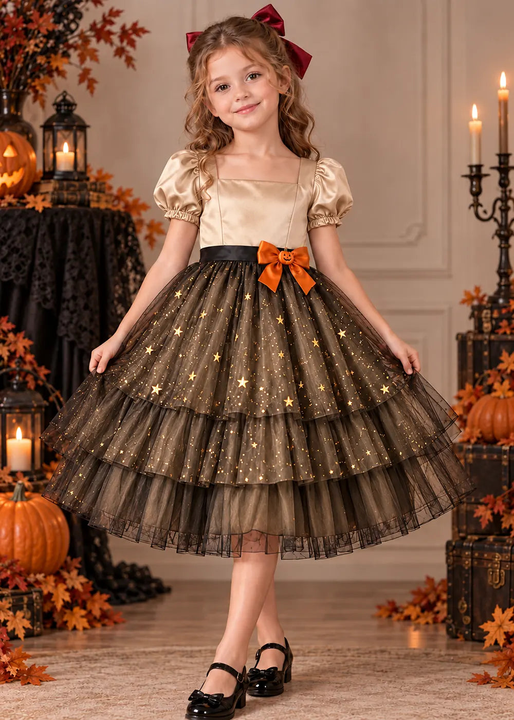 Front view of a champagne starry Flower Girl Dress.