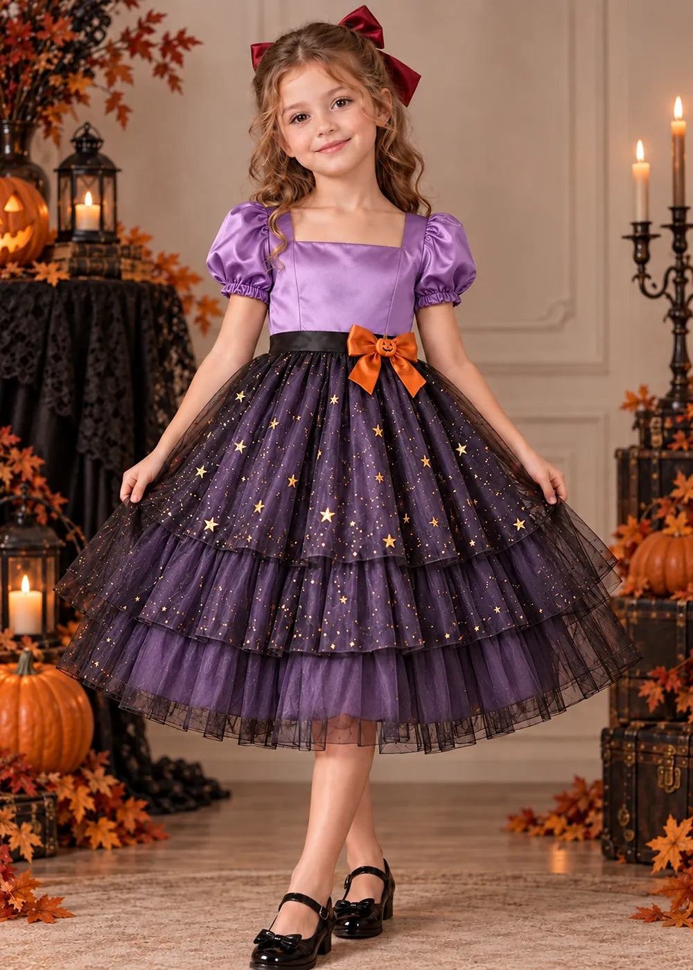 Front view of a lavender starry Flower Girl Dress.