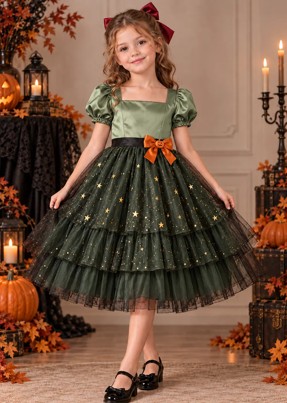 Front view of a sage green starry Flower Girl Dress.