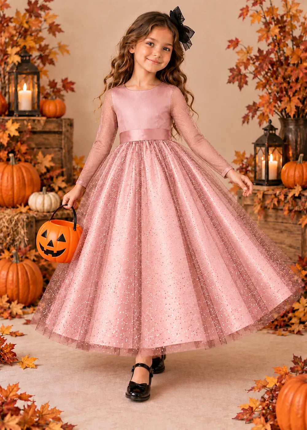 Front view of a blush pink long-Sleeve Glitter Tulle Halloween Dress.