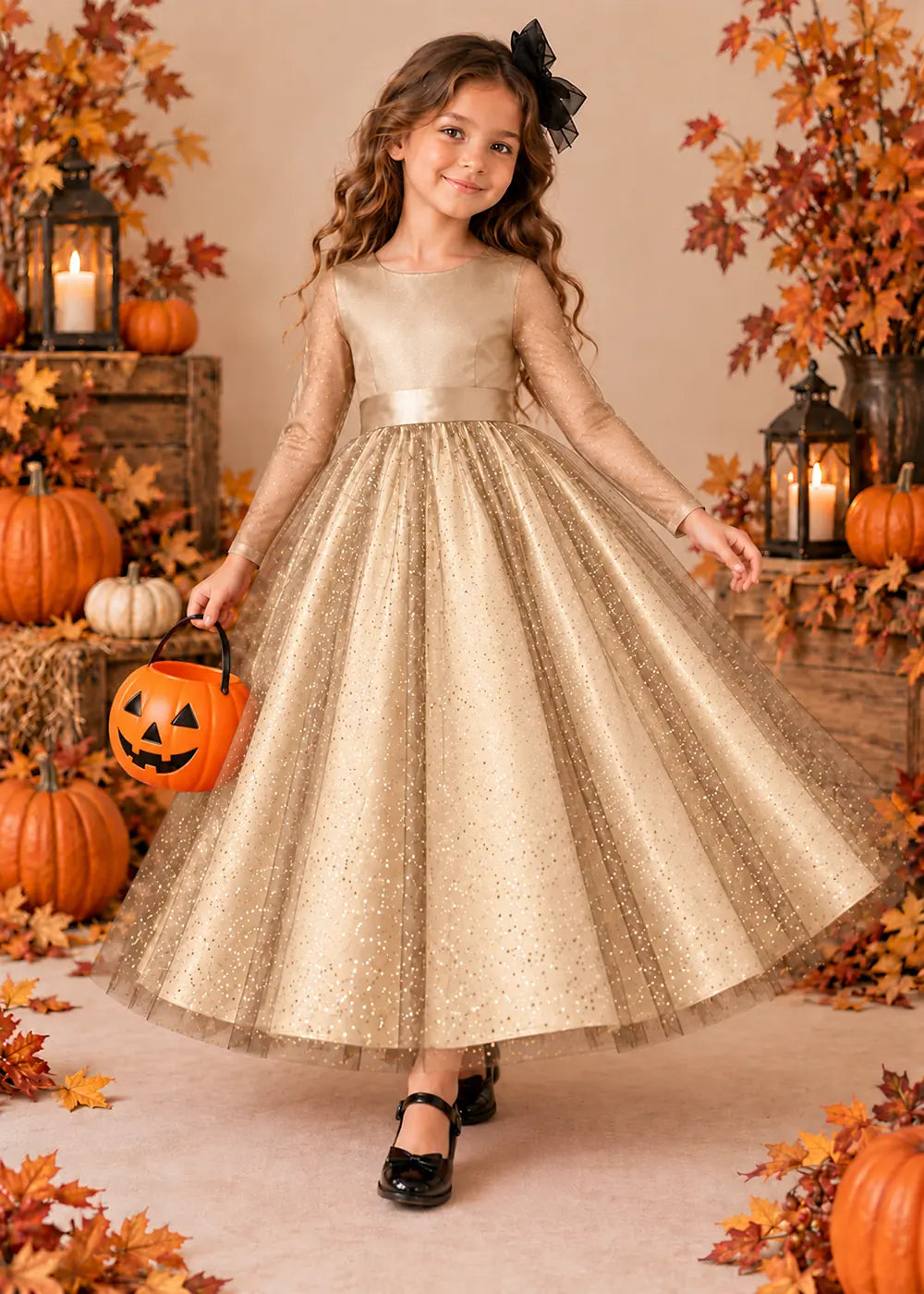 Front view of a champagne long-Sleeve Glitter Tulle Halloween Dress.