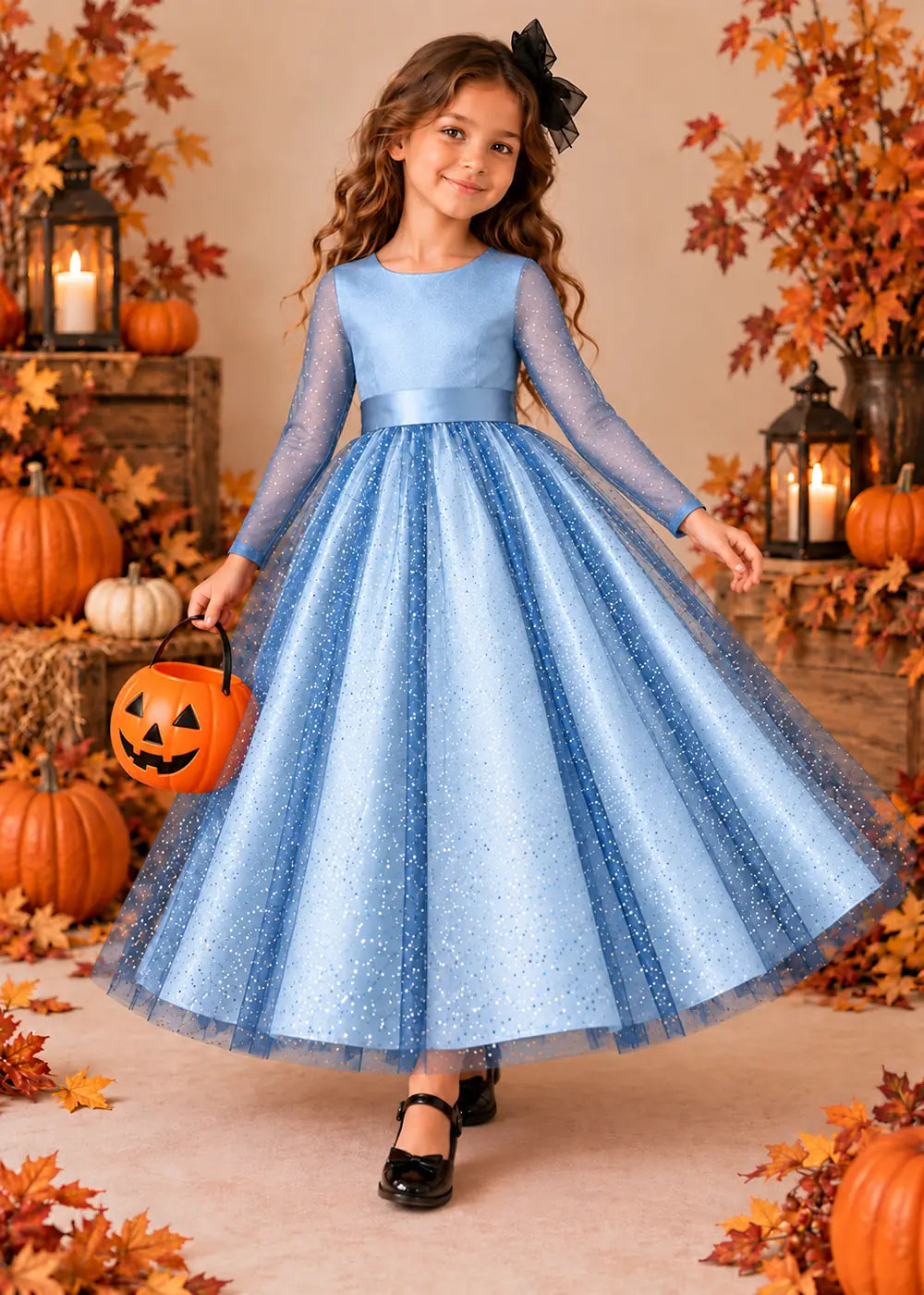 Front view of a light blue long-Sleeve Glitter Tulle Halloween Dress.
