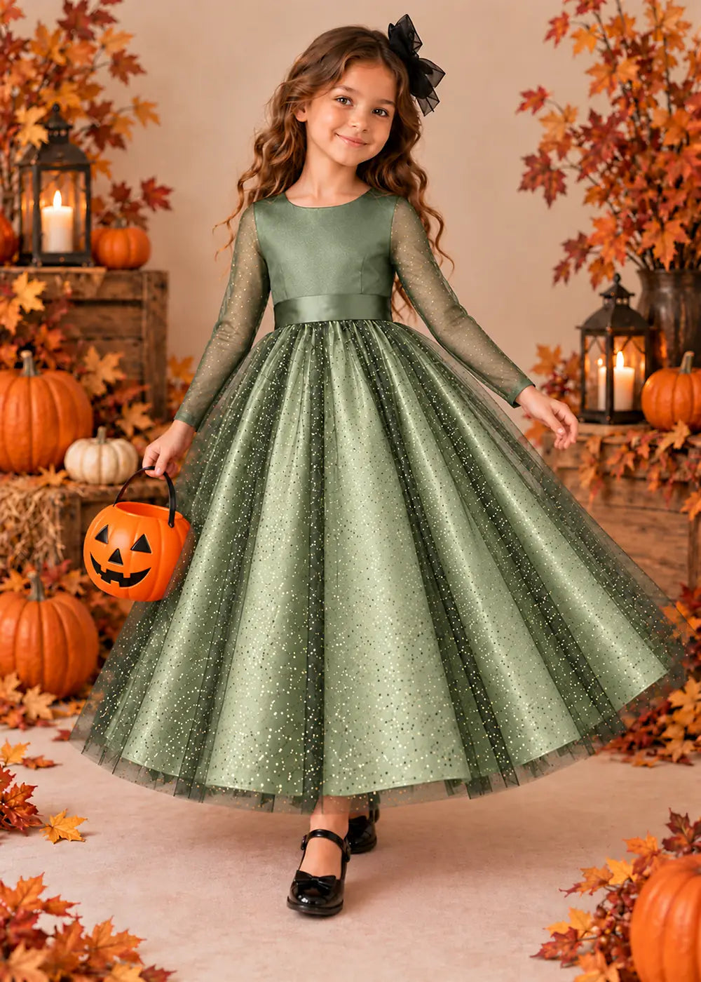Front view of a light green long-Sleeve Glitter Tulle Halloween Dress.