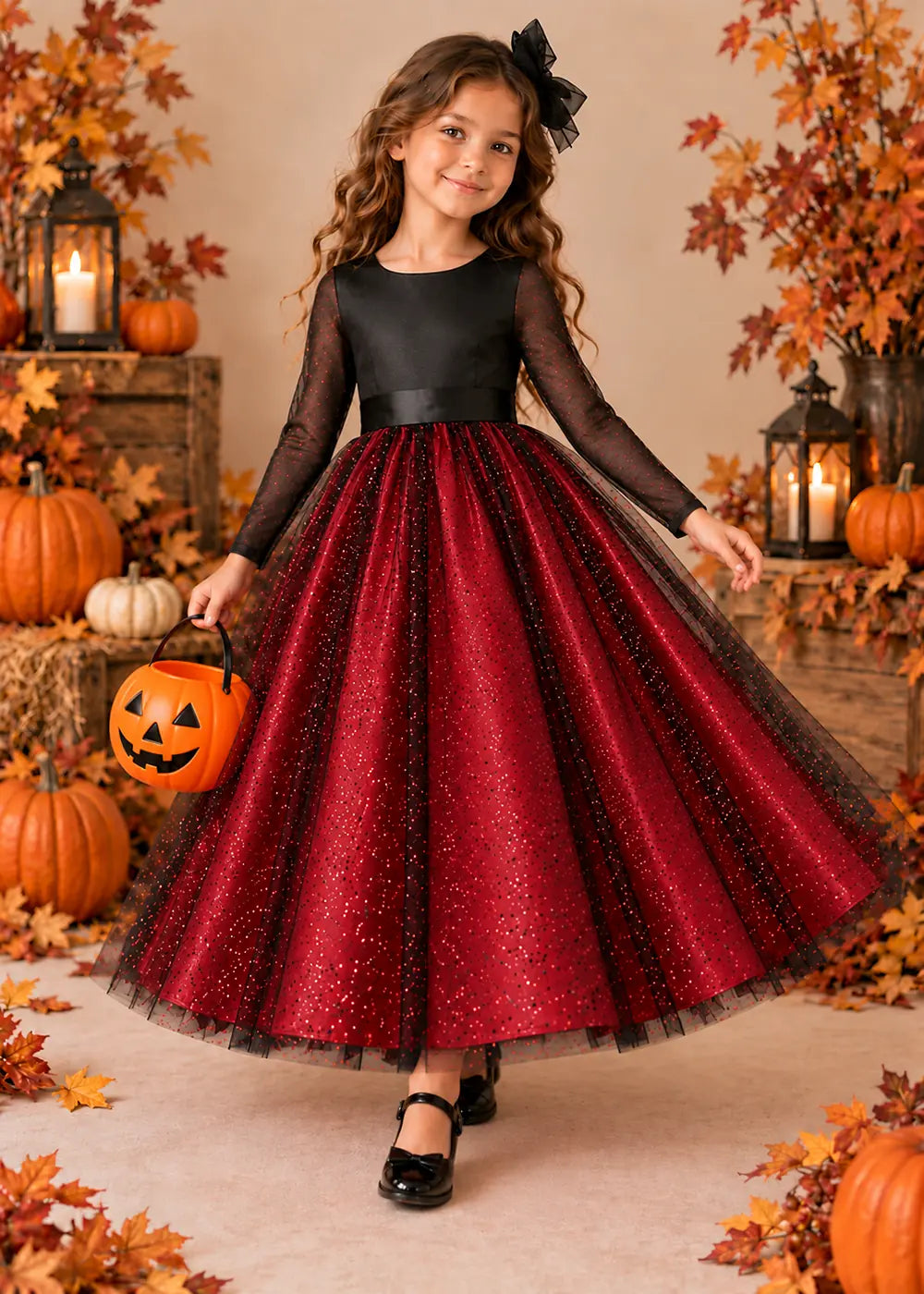 Front view of a red long-Sleeve Glitter Tulle Halloween Dress.