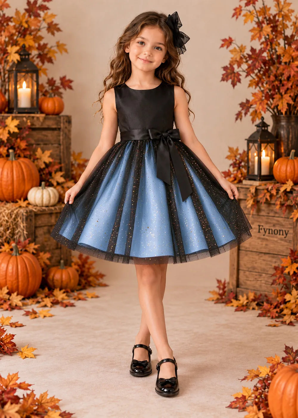 Front view of a light blue sleeveless Flower Girl Dress with Front Bow.