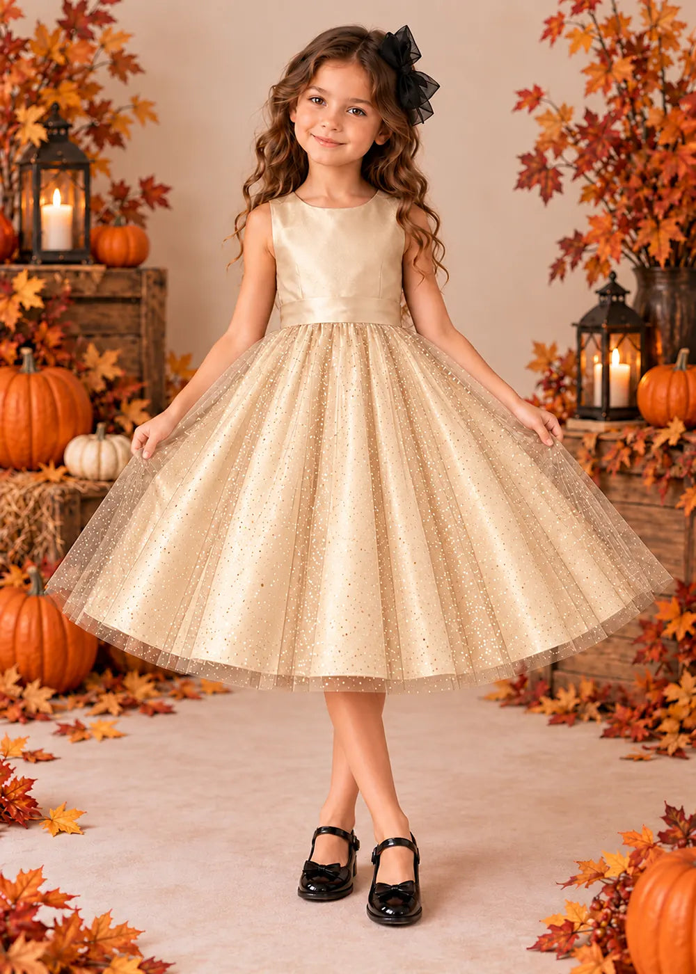 Front view of a champagne sleeveless Flower Girl Dress with Back Bow.