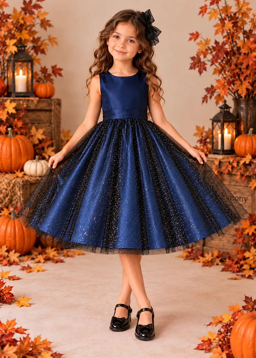 Front view of a dark blue sleeveless Flower Girl Dress with Back Bow.