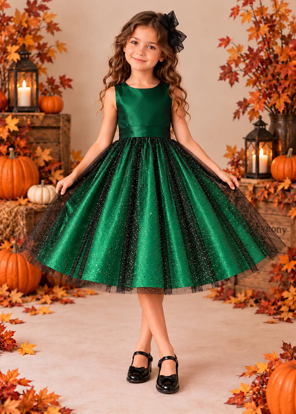Front view of a green sleeveless Flower Girl Dress with Back Bow.