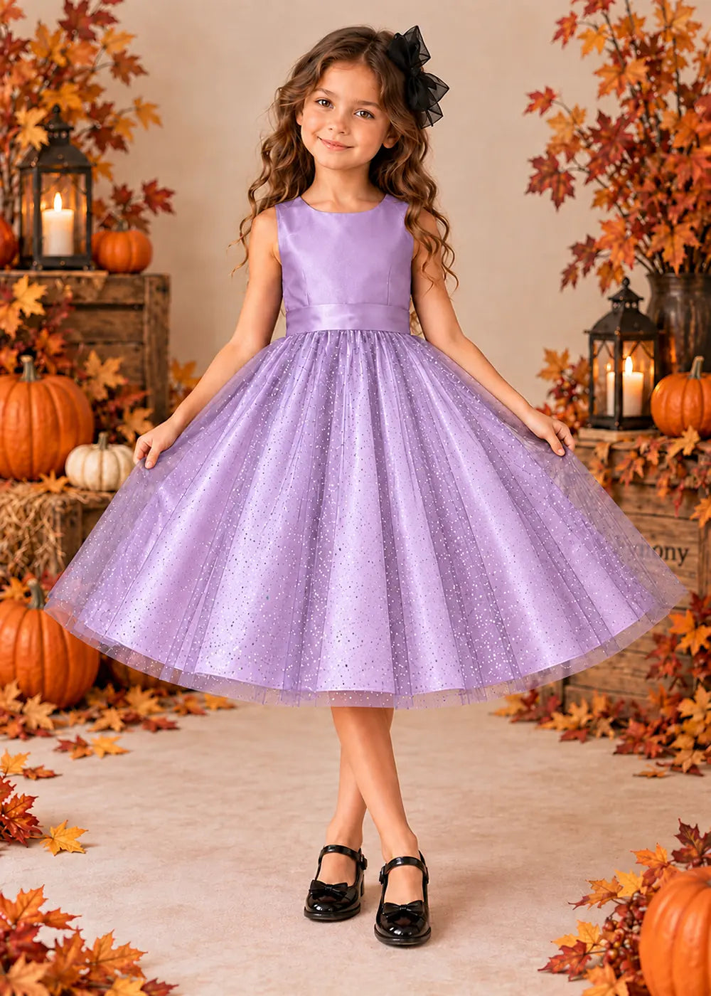 Front view of a lavender sleeveless Flower Girl Dress with Back Bow.